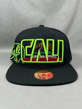 California Republic Bear Bullbot Snapback Hat Cap Black Souvenir State Golf Mens